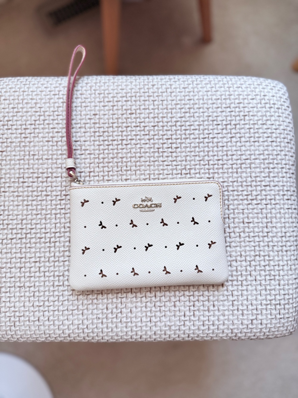 Coach White Wristlet with Pink Strap and Gold Hardware